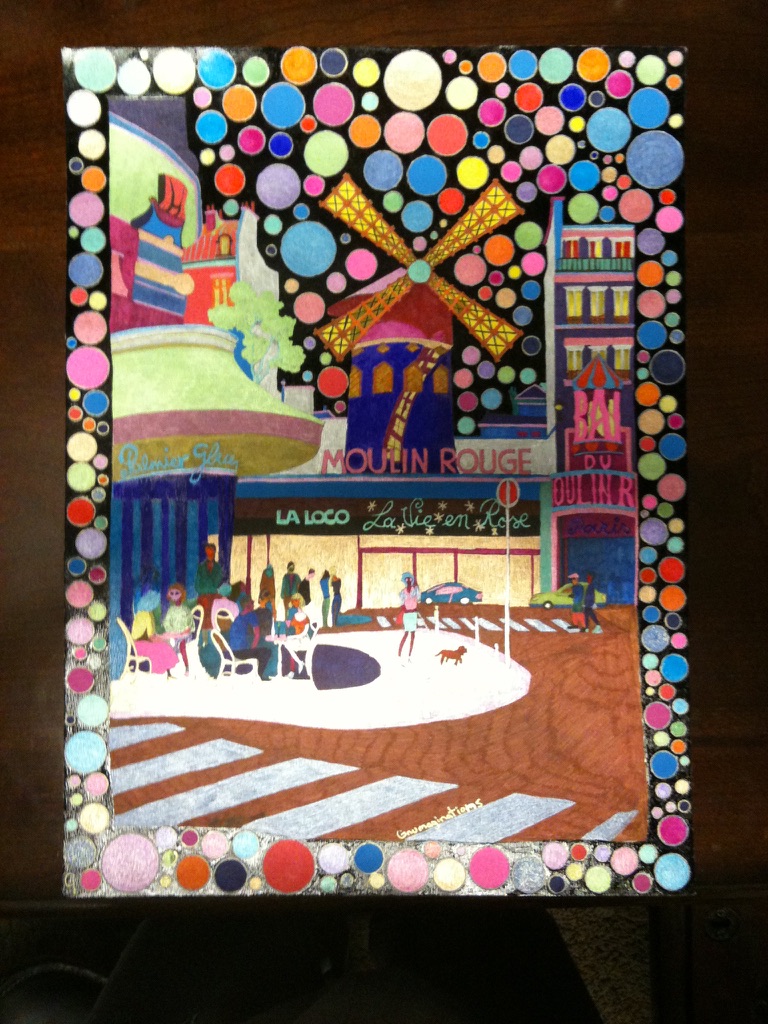 Colorful drawing of the Moulin Rouge and a Paris street scene by Gary Whitworth Brower