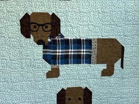 Close-up of a dachshund in blue plaid with eyeglasses on the Weiner Dogs Baby Quilt