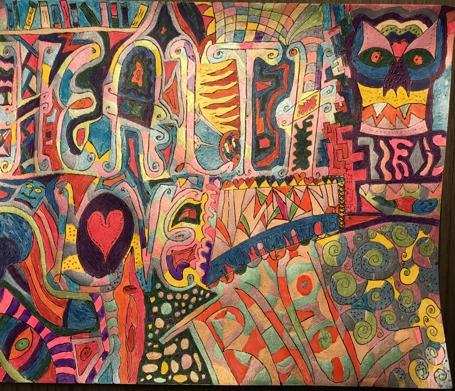 Intricate colorful abstract drawing with an owl, books, hearts, and geometric forms by Gary Whitworth Brower
