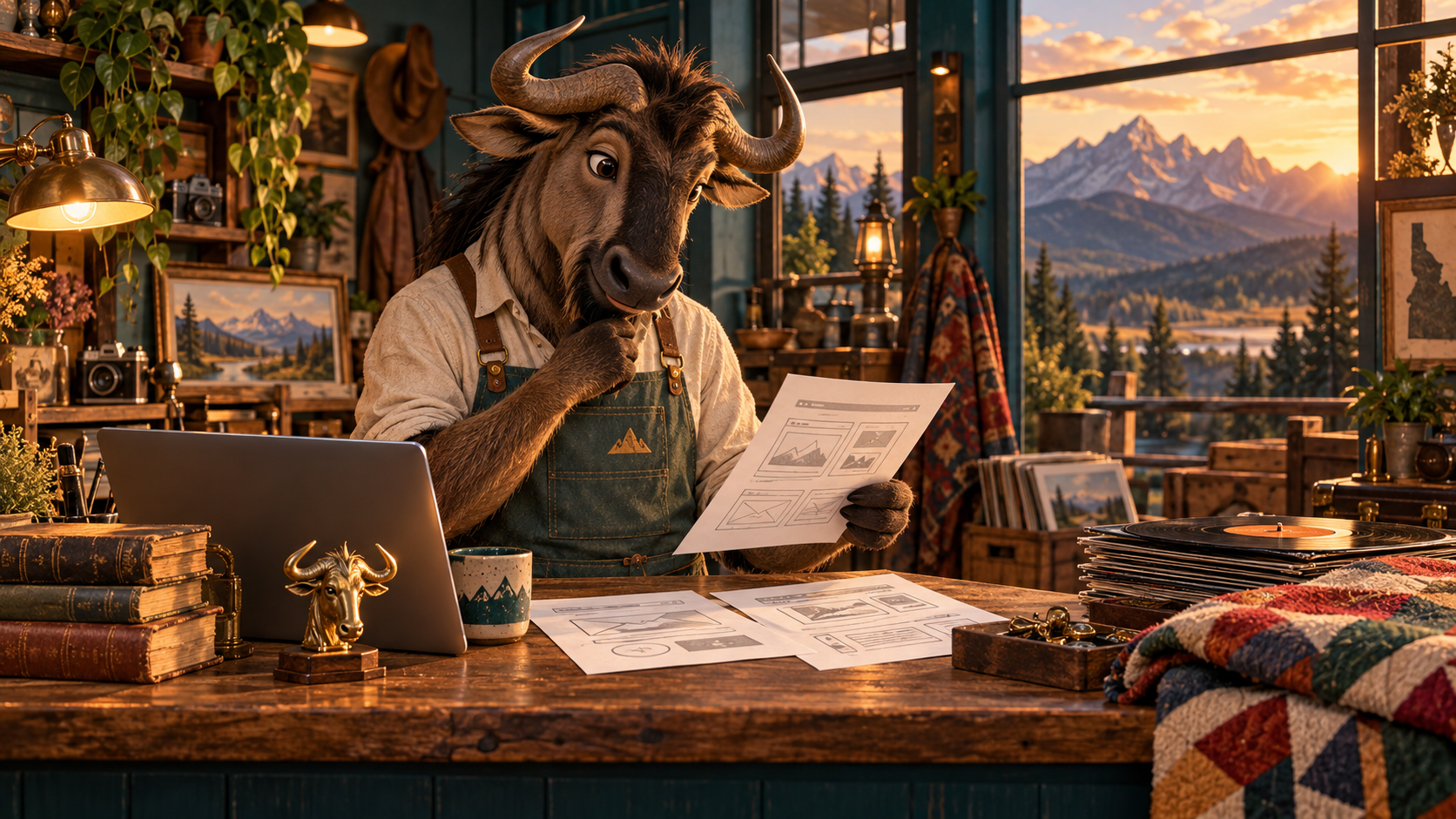 Illustration of a gnu shopkeeper among vintage treasures, planning the next chapter of GNUWHIT.