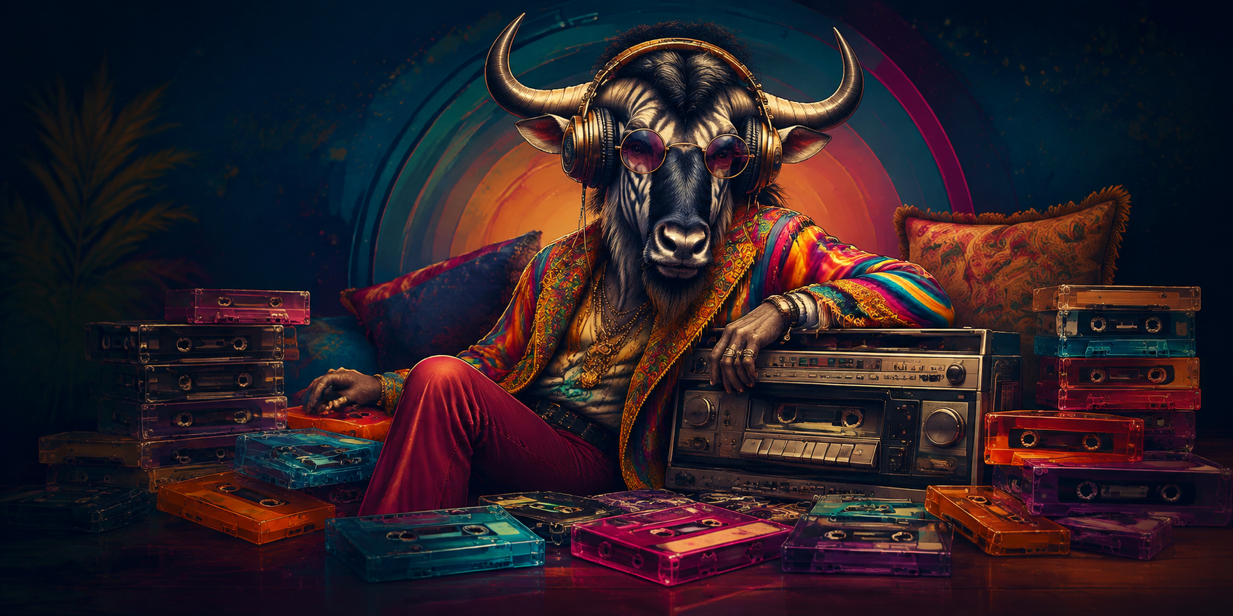 Wildebeest music lover with vintage cassette tapes
