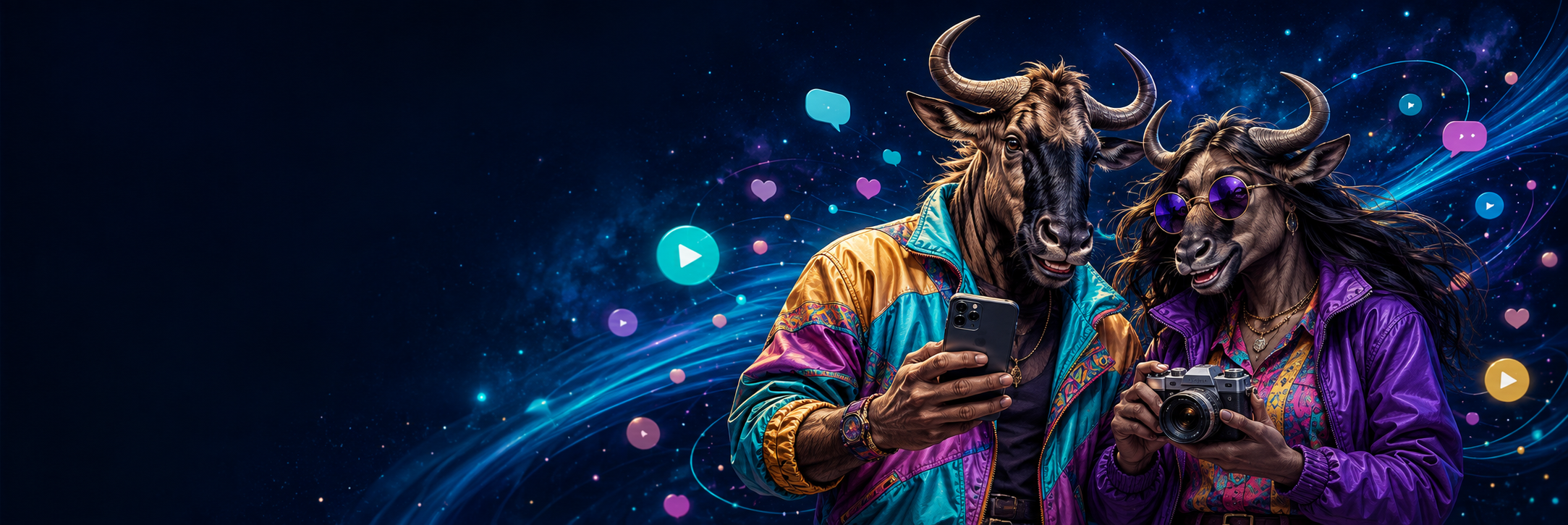 Colorfully dressed GNUWHIT wildebeest characters sharing a phone and camera