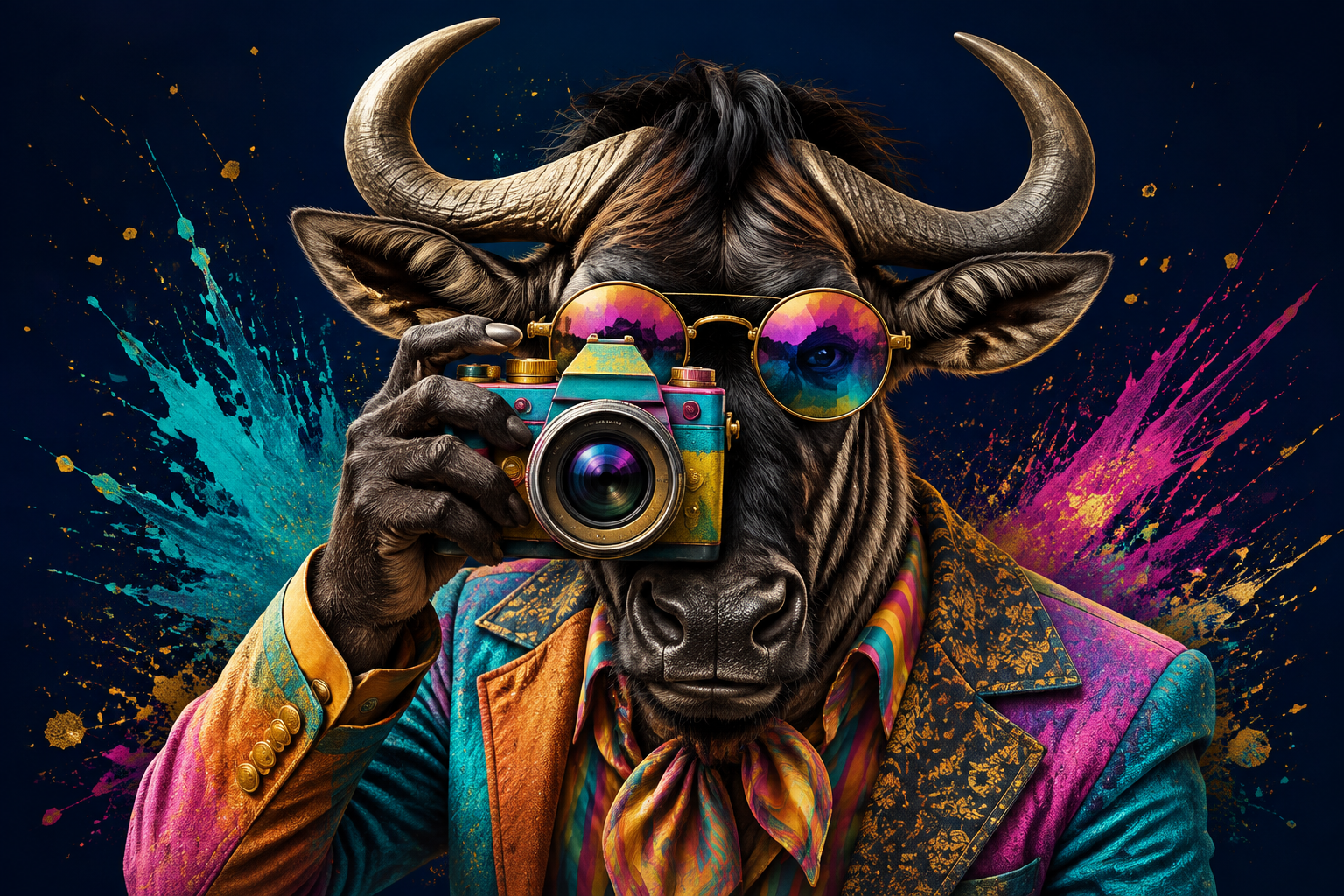 Stylish GNUWHIT photographer with a colorful camera