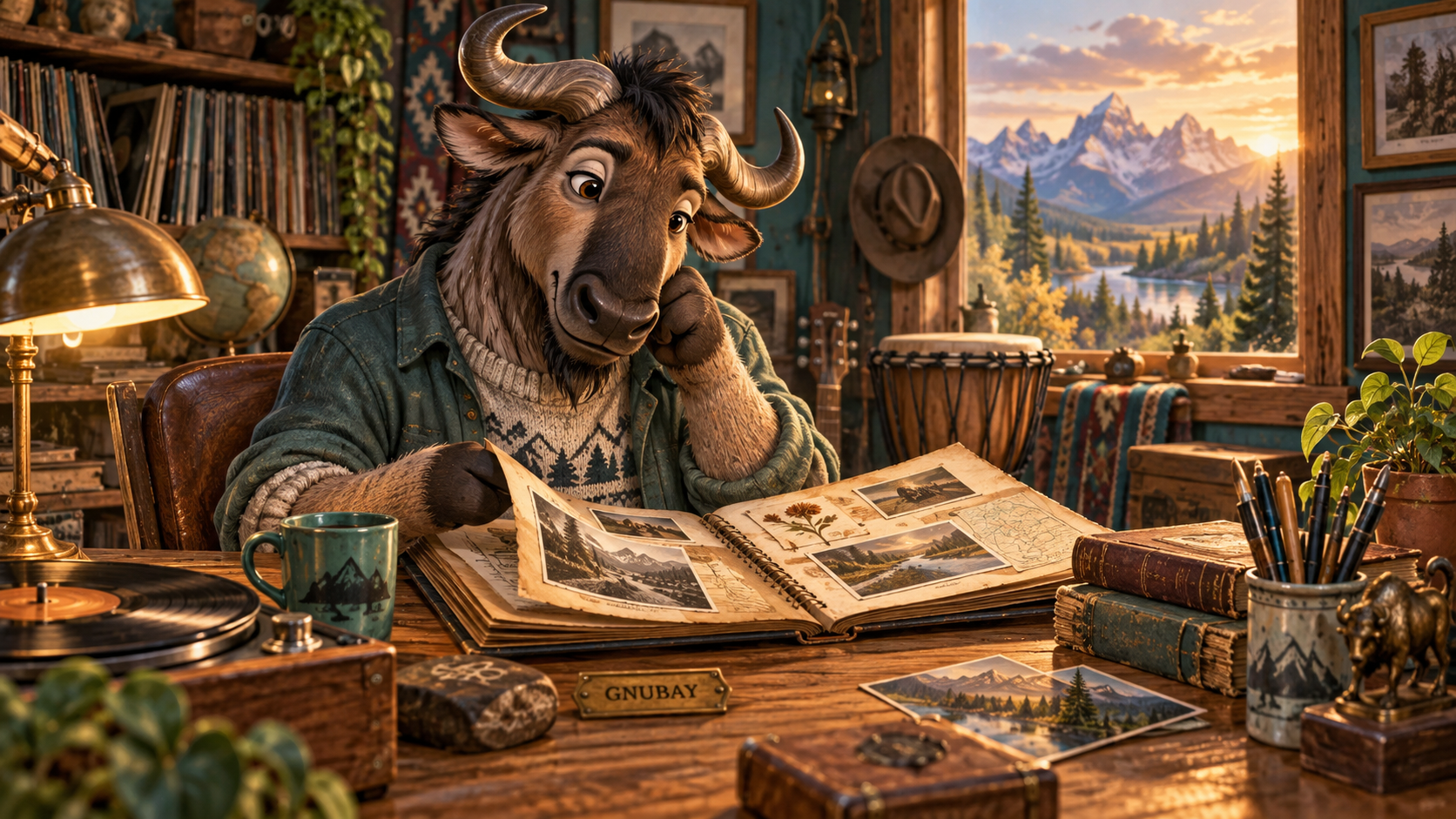 An illustrated gnu browsing a scrapbook in a cozy creative studio, with a small GNUBAY keepsake on the desk.