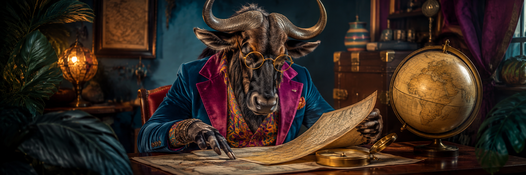 Wildebeest explorer studying old paper maps