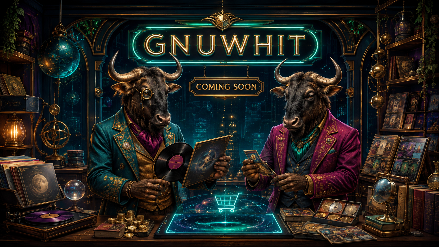 Two colorful gnu shopkeepers preparing the GNUWHIT online store, with vintage records, books, cards and coins beneath a Coming Soon sign.