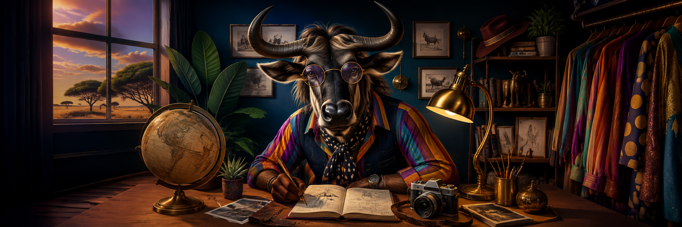 Wildebeest storyteller with journal and camera