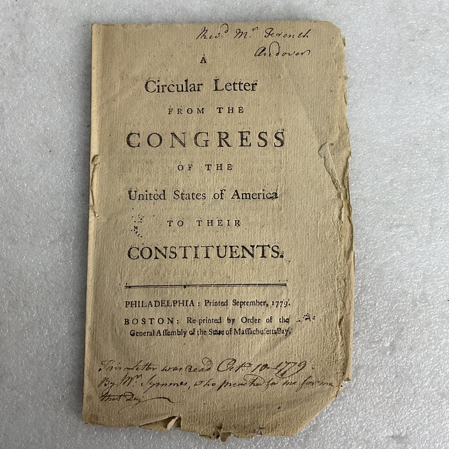 1779 Boston congressional circular inscribed to Rev. Mr. French
