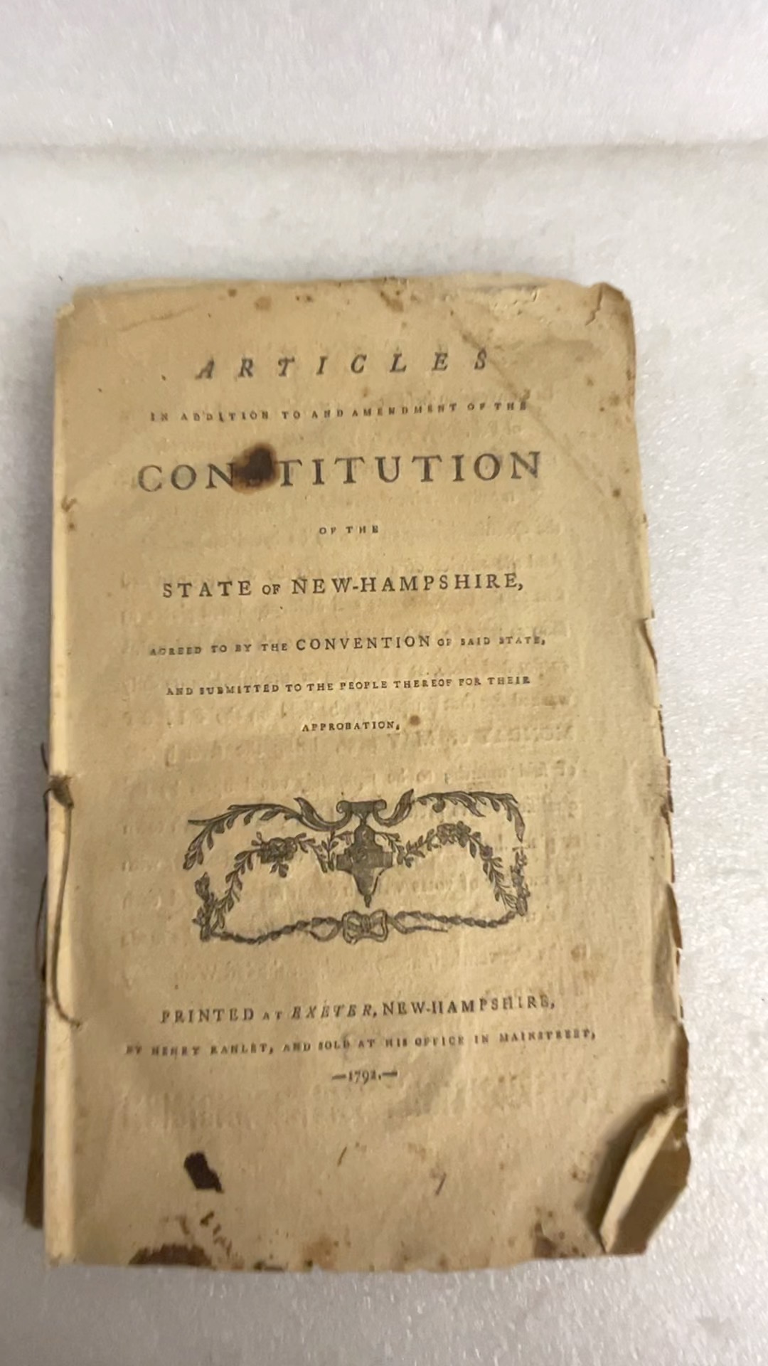 Title page of the 1792 New Hampshire constitutional amendments printing