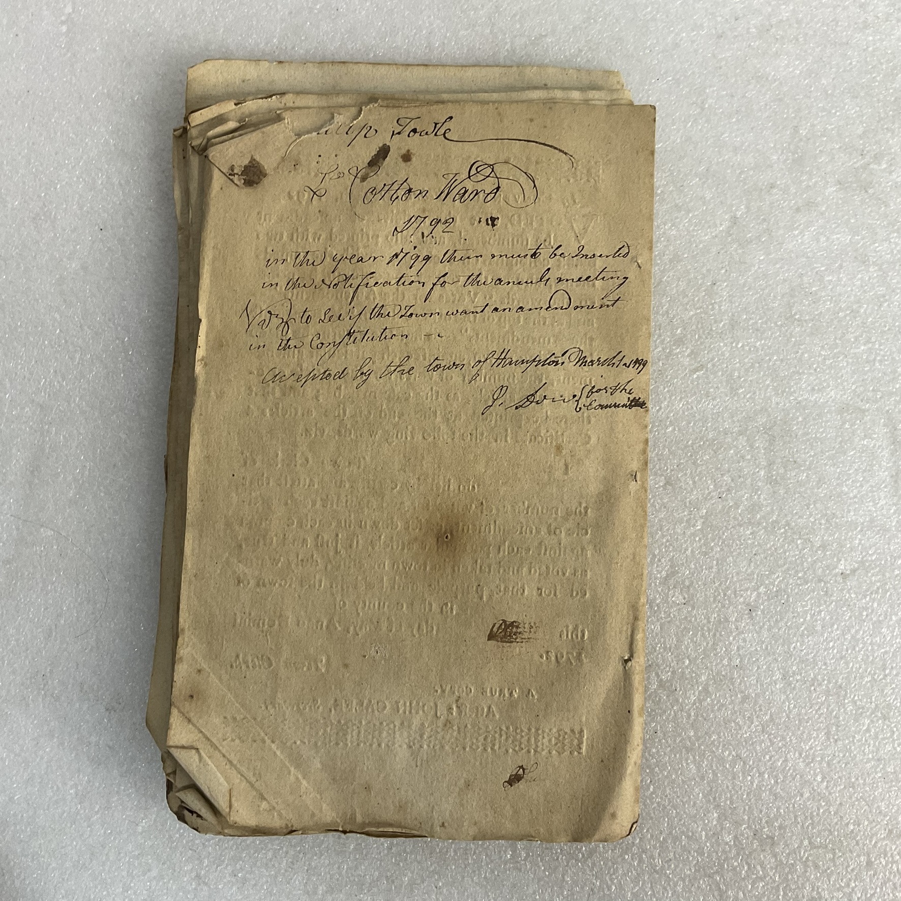 Handwritten Hampton notation from the 1792 New Hampshire constitutional amendments printing